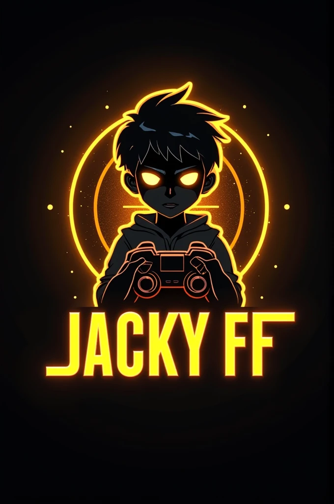 ((best quality)), ((masterpiece)), (This is a gaming logo that features the name "JACKY FF" in a futuristic font and a neon Golden colour. and Boy Anime avtar, The logo also has a stylized controller icon. The logo designed to be attractive and eye-catching, and to appeal to gaming enthusiasts and YouTube viewing), perfect face