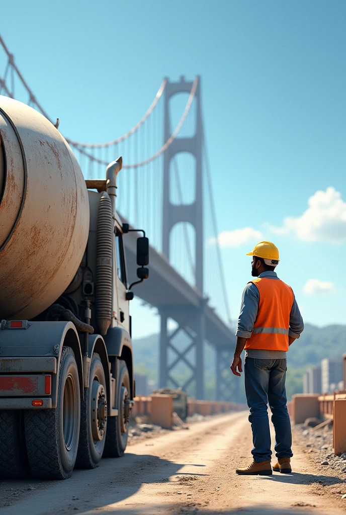 A man standing looking towards the construction site which is halfway made bridge, with a blue sky background , a concrete truck in the site, a concrete truck container on the site, the whole should be a real image