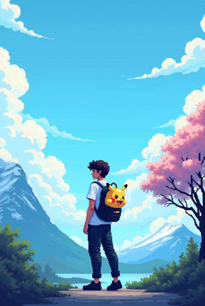 YouTube channel banner,theme pixelated blue sky with clouds,and a guy with curly hair,black cargo pants,white t shirt with a ganger Pokemon backpack.angle is the character in middle photo taken from back side and about 8feet away,more back and a little higher altitude make the angle more back and a Pikachu backpack make it more farr make the character straight and make the image atleast 20 feet away make the backpack a little small and expand the image with a mountain with some snow on top on the left side and a blossom tree at right side make it pixelated and a Pikachu backpack and black Jordan shoes,shoes is solid black make the Pikachu smiling and more cute and he has a skateboard in his left hand,make the skateboard matching to the environment make the image straight and pixelated and a little far back remove skateboard and make backpack a little small and make the image in 16:9 ratio make the character straight and the whole backpack is Pikachu theme make the image pixelated and hair curly and the character straight and about 20 feet away from the backside make the character face straight and the photo is taken from backside make him tall and no skateboard  same image just a little back and remove backpack no backpack make it pixelated and remove the Pikachu backpack  more back and make the character straight and tall about 20 feet away 
Pixelated pixel and the boyis facing front side
No make the boy face front side and the image is taken from 20 feet away backside and a little higher altitude 
Don't make him face side ways
A little higher