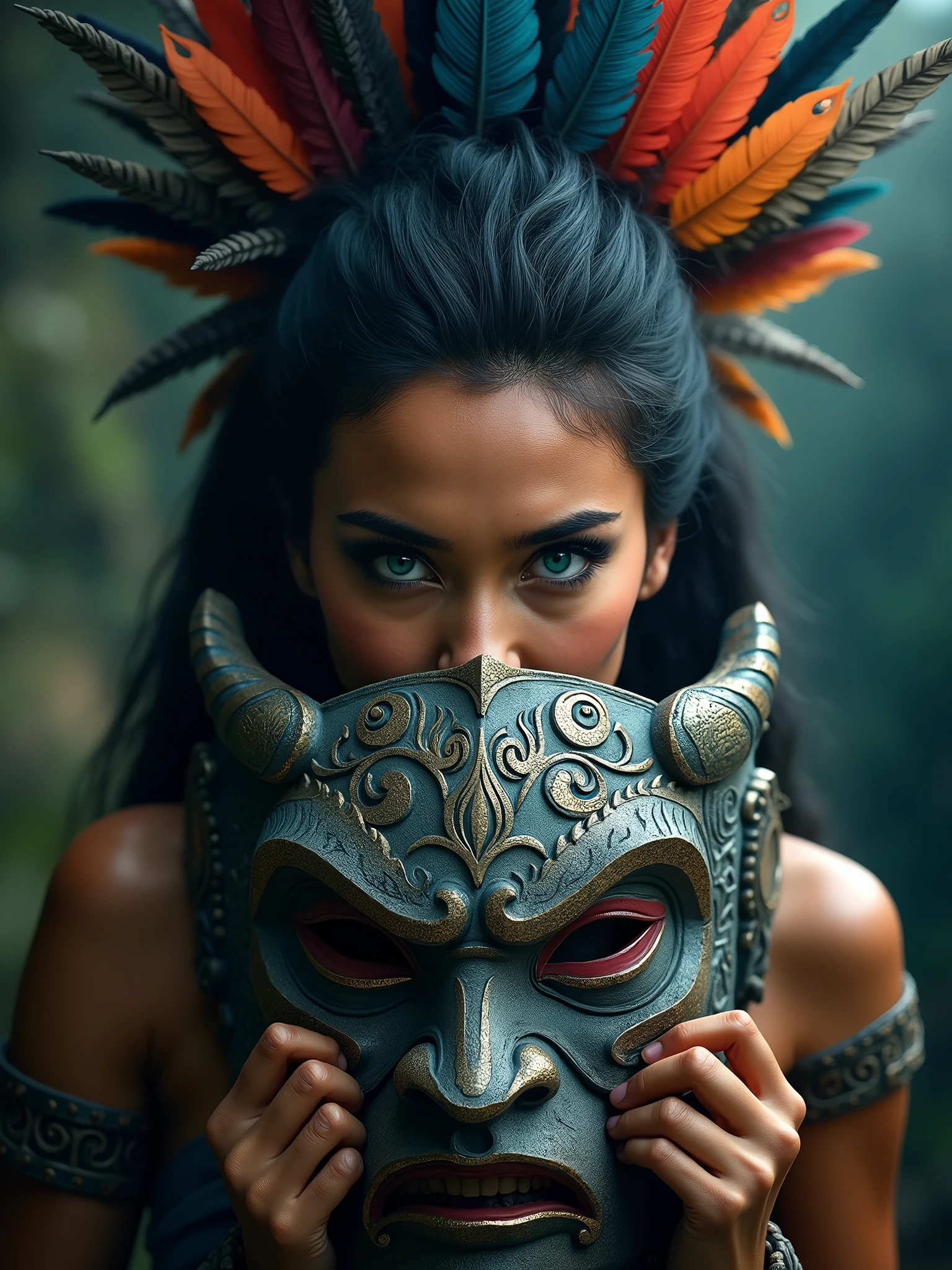 In an enchanting, tribal atmosphere, a strong female figure holds a ceremonial mask, her striking blue eyes peering through the intricate carvings. Her hair is adorned with vibrant feathers, adding to her fierce appearance. The background is dimly lit, creating a dramatic contrast that highlights the mask's details and her powerful expression. The photograph is taken with a Nikon Z6, using a 85mm lens at f/4, with a white balance of 6000K. The depth of field is moderate, allowing for a clear view of both the subject and the mask. The composition is dynamic, emphasizing the warrior's strength and the artistry of the mask. This image reflects the styles of Dmitriy Vavilov and Marat Safin, merging elements of magical realism and intricate detailing.
