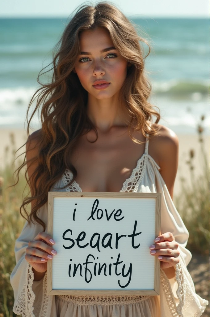 Beautiful girl with wavy long hair, bohemian dress, holding a white board with text "I Love Seaart Infinity" and showing it to the viewer