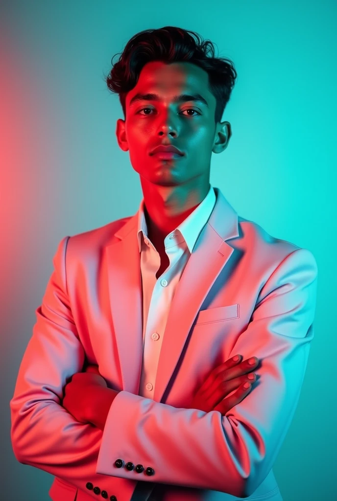 A young man with dark hair and a confident look. He is dressed in a pink blazer over a white shirt. The man is positioned against aqua colour backdrop with a subtle red lighting on the left side. and he posing for instagram profile