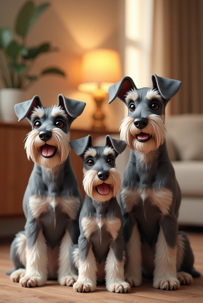 In the picture I need three schnauzer dogs, The dog on the left of the picture has ????? ears and is of medium height., The dog in the center of the image has semi-flattened ears., and the shortest of the three and is holding the keys to an apartment with his snout, and the dog on the right of the picture is the tallest of the 3 dogs and has semi-drooping ears, Additionally, this dog has a slightly whiter face than the others. The image must capture all three dogs in their entirety., without any being cut off, and must be set in a home environment, transmitting a feeling of warmth and tenderness. The scene should be very tender and cozy, suitable for a rental real estate business, and should attract the attention of potential customers by highlighting the comfort and home sweet home that the property offers.

