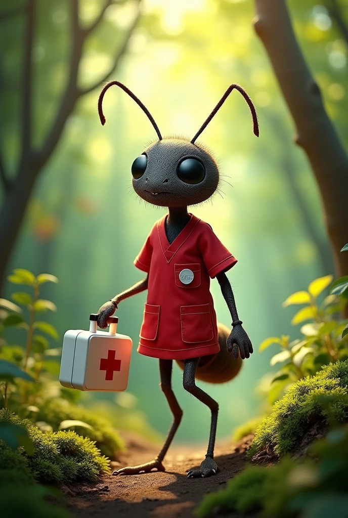 Ant with red scrubs in forest with sun