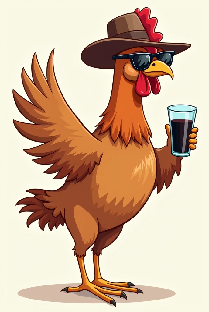 A brown chicken wearing a sunglasses and brown cowboy hat while drinking black juice and one wing is wide open cartoon only. Right angle look