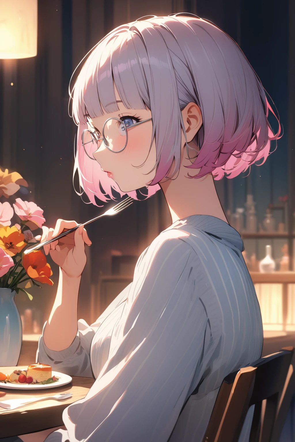 (extremely detailed fine touch:1.3), Vibrant colors, Soft tones, With warm and gentle lighting, girl, solo, (((silver semi-rimless round eyewear:1.3))),short hair, blunt bangs, profile, eating food, point the fork at you mouth, pink lips, vase with flowers,