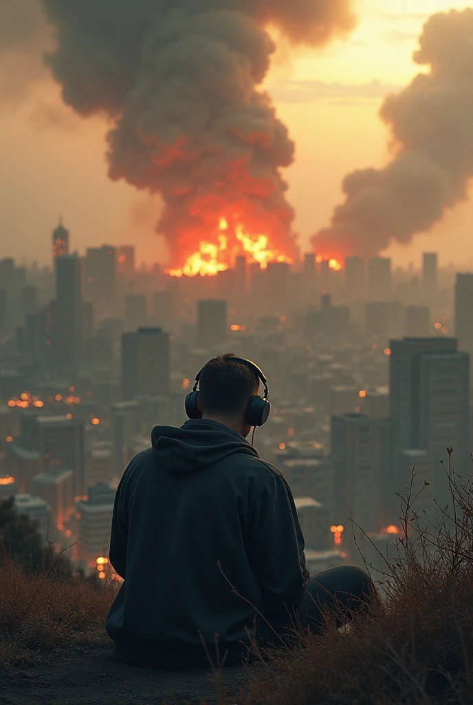 man sitting on the hill watching the city being destroyed and buildings burning and destroyed while listening to music