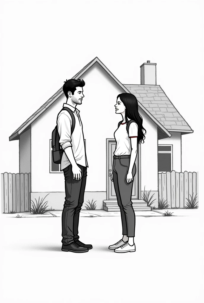Create a black and white drawing type image ,that doesn&#39;t look realistic , about a man returning home and a woman waiting for him outside his house, Put some scenery and stuff like that and make the woman smile as if she were going to talk and the man with his mouth as if he were going to talk. 