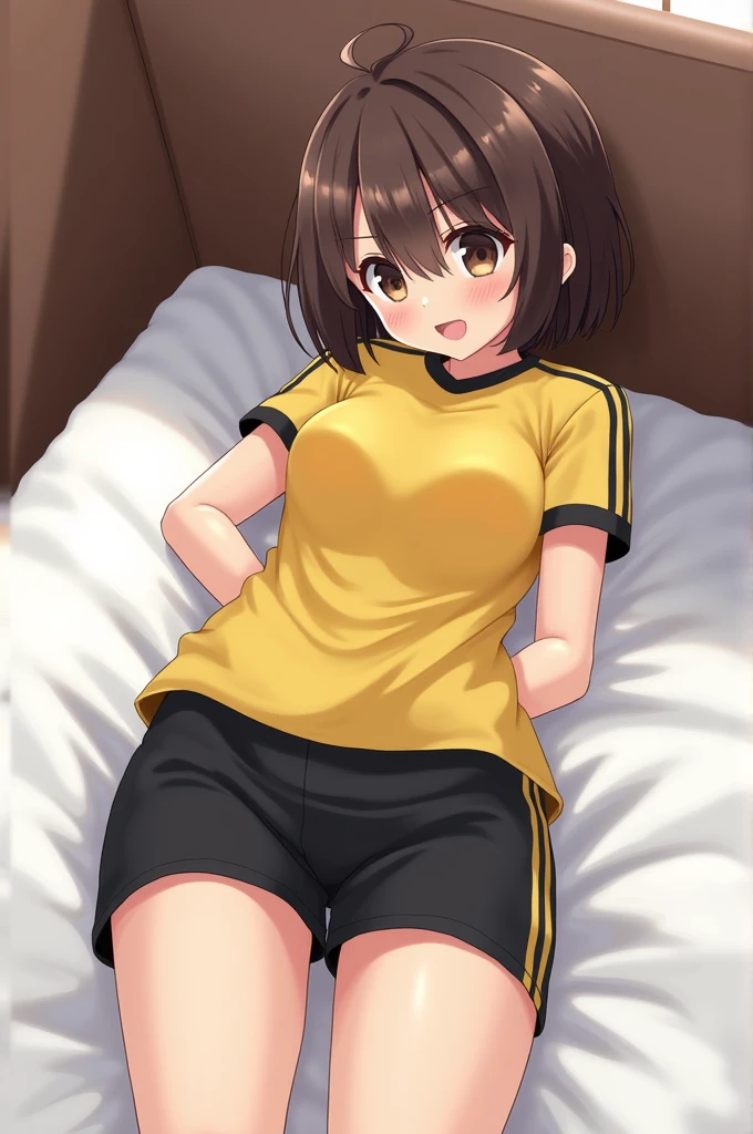 A girl with almost short dark brown hair that reaches her shoulders wears a short-sleeved yellow uniform shirt with black stripes on the shoulders and short black shorts with yellow stripes on the sides and made of synthetic material that fits her nice and tight.. She throws herself onto the bed face first and lifts her butt, implying that we touch her, and she blushes and gets wet when seen from behind and puts our hand on her butt.