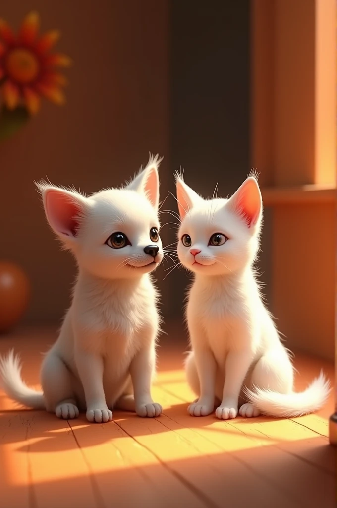 White chihuahua next to white cat , orange and black