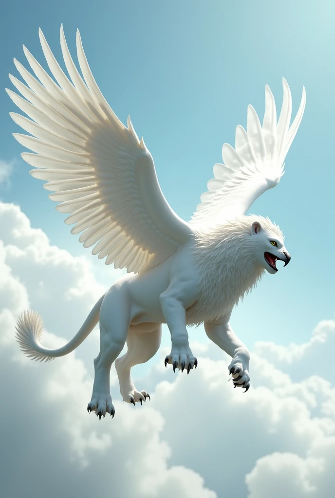 make an emphasis (mythological creature) half eagle and half lion. The front is of an Eagle and the back of a Lion. Make it white and keep that same head. Make it fly 