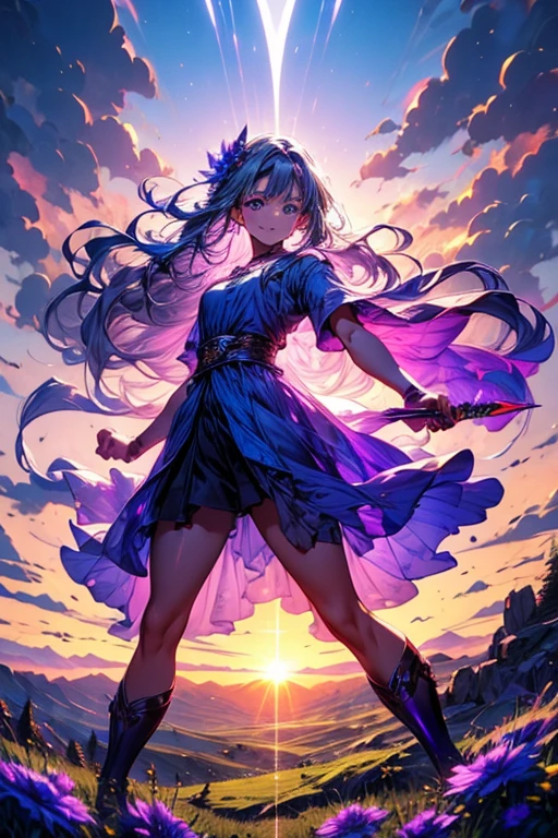 Inflammation, Blue aura, Green Aura, Purple aura, Maximum Sharpener, Highest quality, Very detailed, masterpiece, Fantasy World, sunset, gradient sky, Mountain, Wide grassland, Beautiful views, 1 girl, young, Milt Model, Long Hair, Gray Hair, Floating Hair, blue flower hair ornament, Bright blue and purple eyes, White T-shirt, smile, knife, Inflammationを囲む少女, Reach your audience