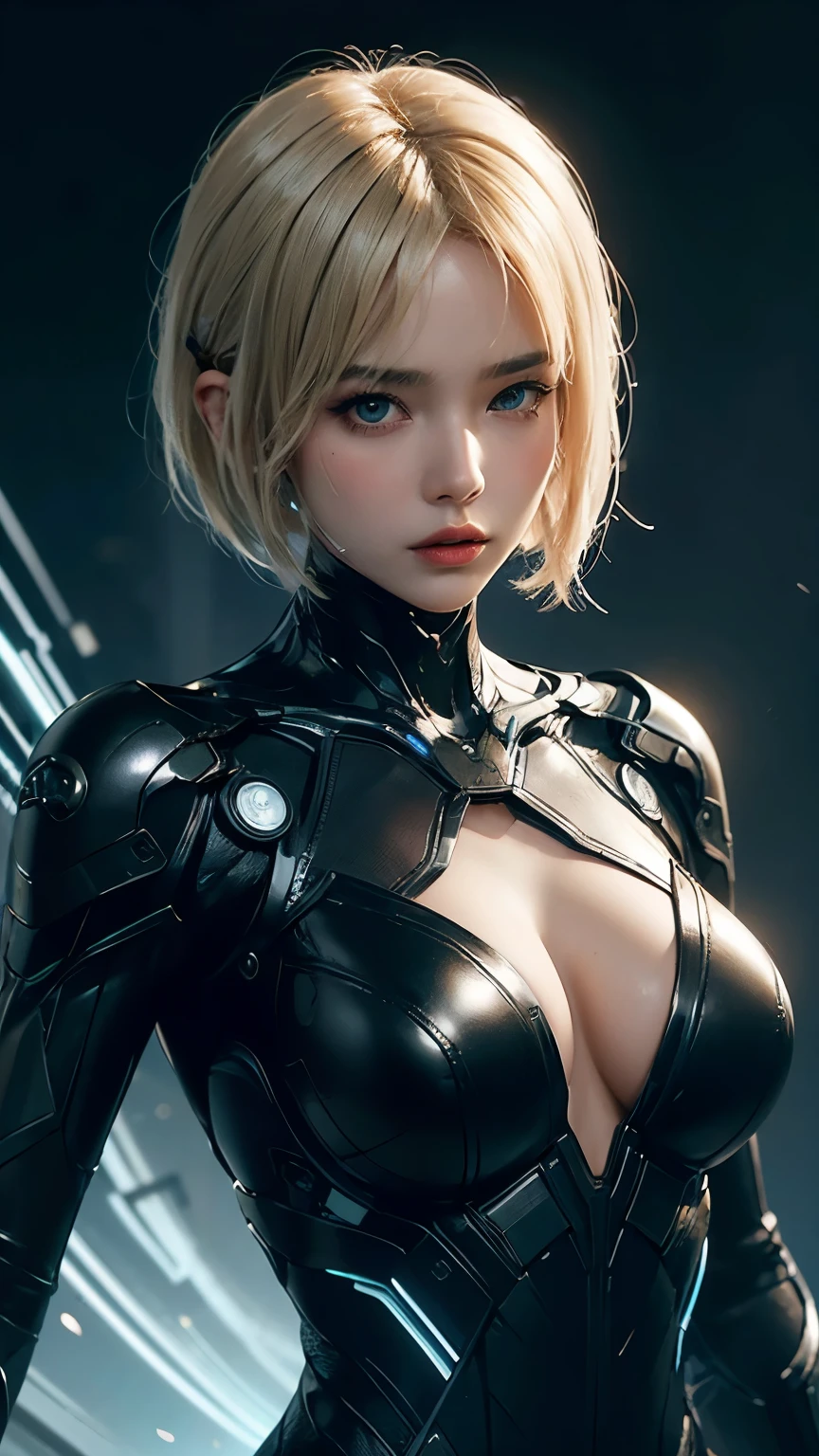 (masterpiece:1.2, Highest quality), Professional photorealistic images, Beautiful and sophisticated hairstyle, Beautiful Face, Beautiful attention to detail, Beautiful fingers, Perfect Style,One Woman, 20-year-old, Detailed lips, Sharp and sharp eyes､((Black leather suit､Tron Fashion､Design focusing on combat,))､ Dynamic and lively poses､(Futuristic Neon Background), (Blonde short cut:1.5 Neon:1.2), bad woman ,look at me with cold eyes､ (Looking down on the subject from above:1.2)