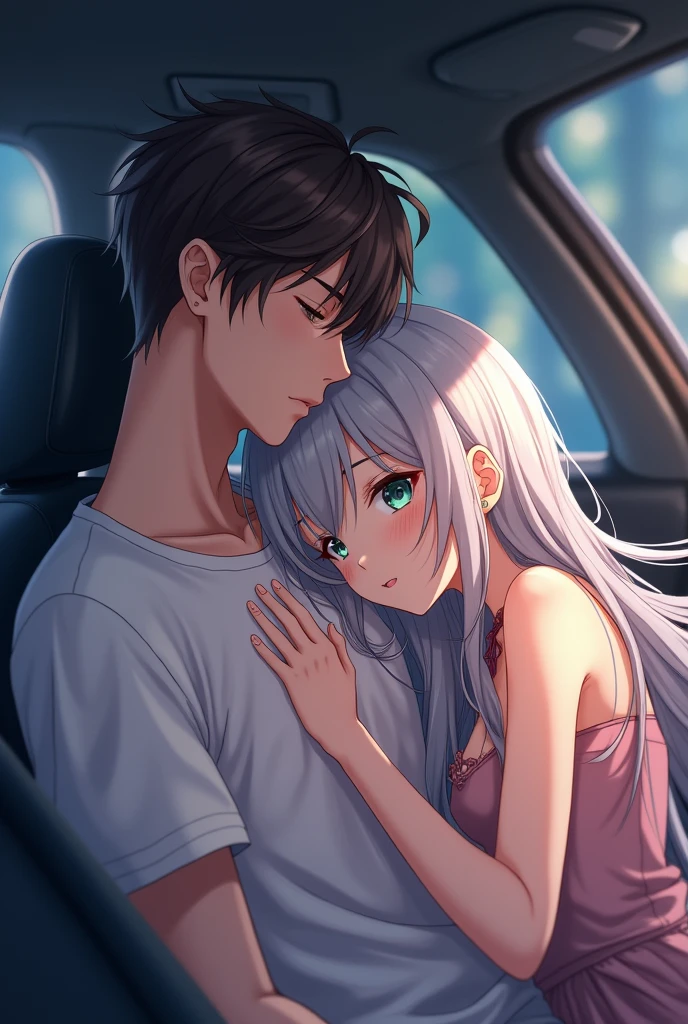 Anime girl with long gray hair and blue eyes sitting in a car with her head on the chest of a 2 young man with brown hair and green eyes and sharp and serious features and his hand on her head