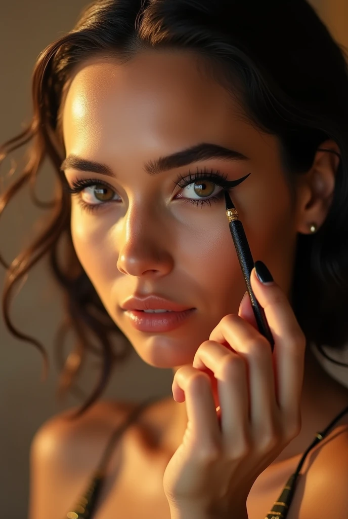 Photorealistic, high-quality, vibrant colors, ancient Egyptian style, close-up of a beautiful woman applying kohl eyeliner to her eyes with a kohl stick, soft lighting, focus on the eyes, smooth skin, seductive gaze