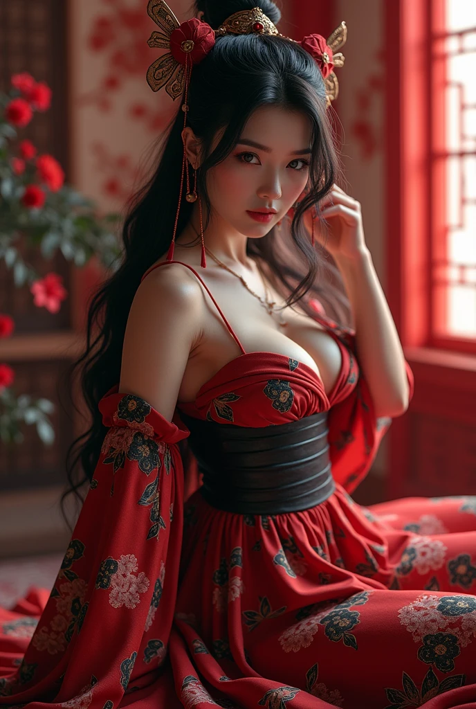 samurai woman, ((masterpiece, highest quality, Highest image quality, High resolution, Raw photo, 8K)), ((Extremely detailed CG unified 8k wallpaper)), (huge stunning goddess shot, very hot and sexy, full body, jaw-dropping beauty, perfect proportions, beautiful body, slim body beauty:1.4), black hair, shy, black hair, nervous, wearing a revealing dress, Posing for the camera, Spreading her legs, photorealistic, from outside, 16k, 8k, 4K, award winning