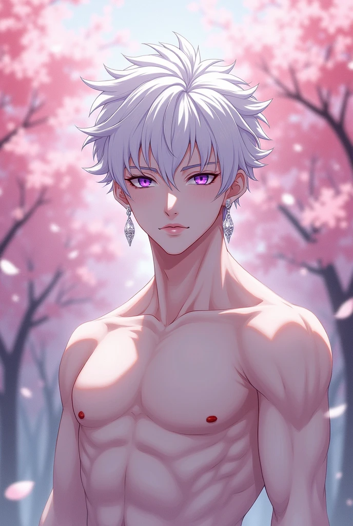 anime character, White hair, spiky hair, Pale skin, purple eyes, Long white eyelashes, male, muscular, white small earrings, big glossy lips, cherry blossom trees, naked