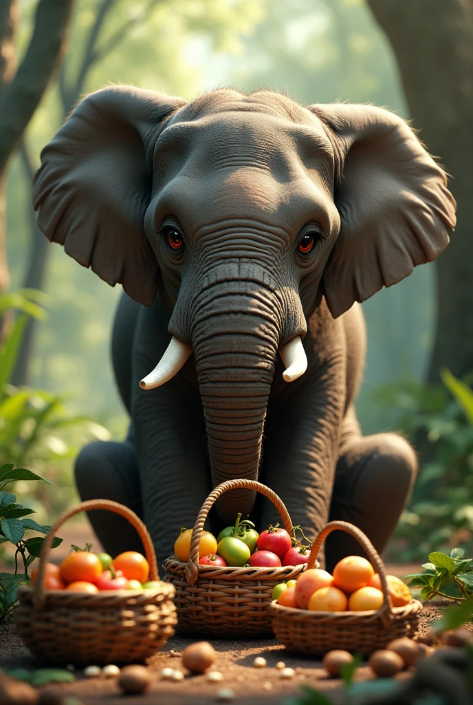 The elephant preparing baskets filled with fruits and nuts.**