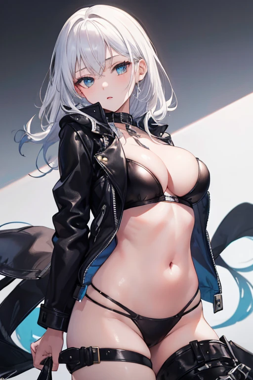 ((best quality)), ((masterpiece)), (detailed), 1 girl with white hair, Black leather jacket, Sexy,Black Silk,Cold,