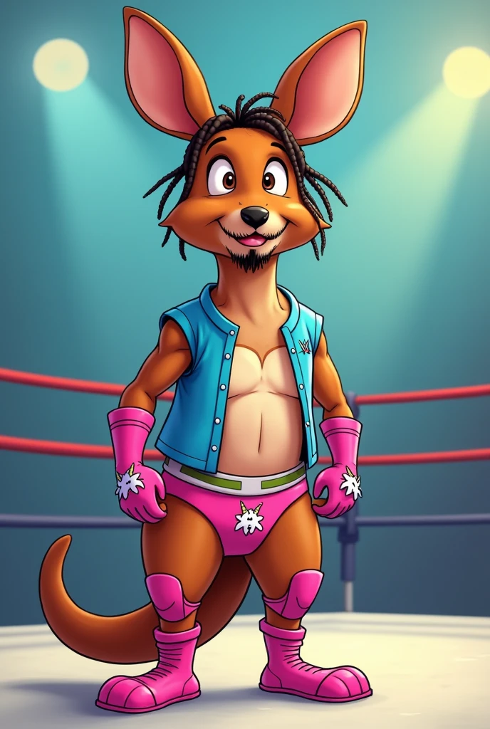 Brown cartoon kangaroo dressed like WWE wrestler Kofi Kingston
cartoon kangaroo head. Cartoon kangaroo hands. Cartoon kangaroo body. Cartoon kangaroo arms. Cartoon kangaroo legs.
Black dreadlock braided head hair. Short black mustache and beard Skinny.
Blue, pink, and white underwear ordained with a unicorn. Blue, pink, and white T-shirt ordained with a unicorn.
Pink kneepads, elbow pads, and wrestling boots.
Standing in a wrestling ring.