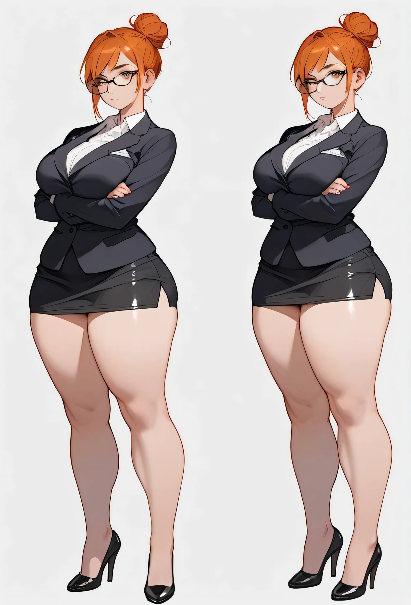 pale adult woman, big breasts, very thick thighs, Wide hips, short ginger hair in a sleek bun, Glasses, fitted black jacket, tight black pencil skirt, black pencil skirt hem to mid-thigh, thick thighs pressed together, very thick legs, thick calves, wearing black heels, boring expression, strict teacher, Looking forward, she is standing, legs and feet in the photo, crossing his arms under his chest, serious face, eyebrow raised, full body shown, voluptuous, detailed face, 8K quality, toes pointing inward