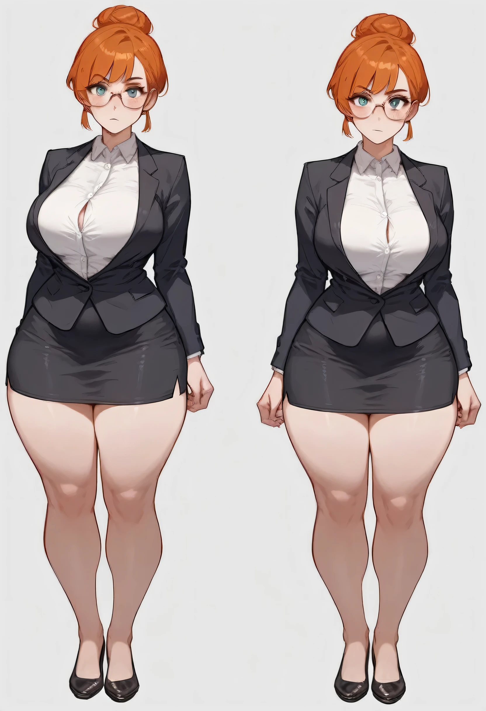 teacher, pale porcelain skin, short ginger hair in a sleek bun, strict facial expression, Glasses, wearing a black jacket over a white blouse, busty, wearing a tight black pencil skirt, has wide hips, thick thighs, big thighs, thighs pressed together, thick legs, wearing small black flat shoes on her feet, standing, The whole body is shown, including legs and feet., Feet are shown,