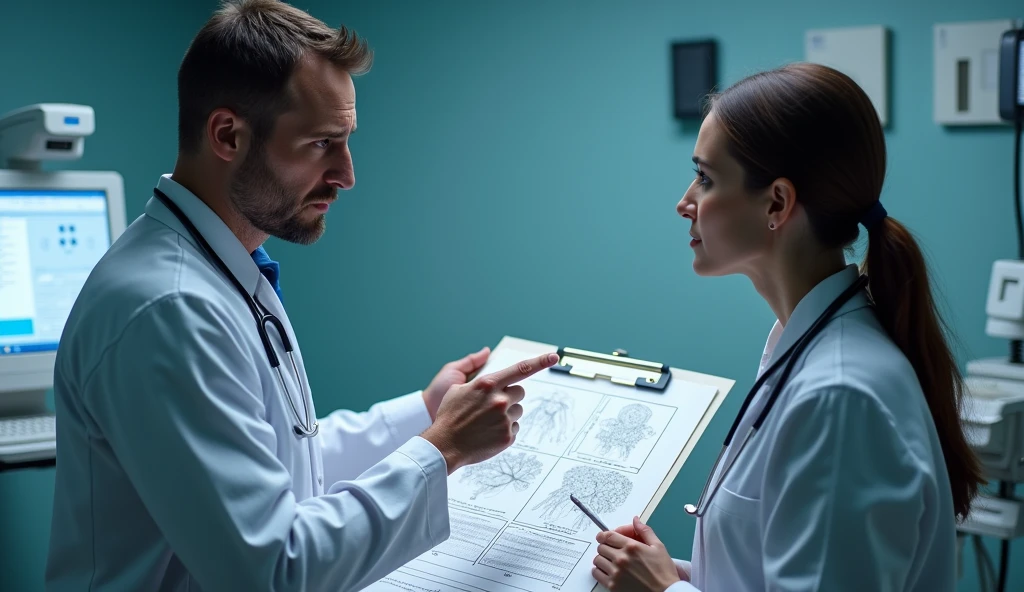 A doctor discussing a medical chart with a patient showing unusual symptoms. The doctor should look concerned while pointing at the chart.