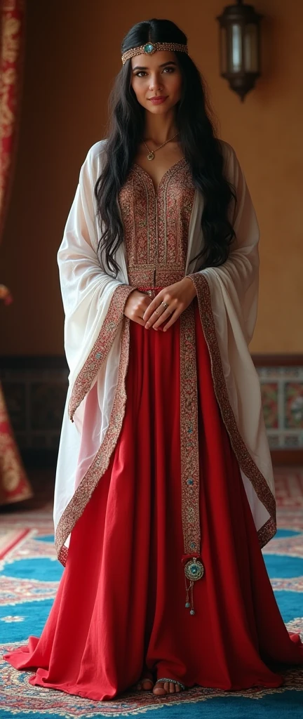 Front view ,Full-body, standing pose, on floor Persian blue mat, ((in Arabian decoration Sultan tent, , lamp light), a Persian ancient girl, looking at viewer, exotic Persian girl is 20 years old, (Black hair ,long hair, Brown eye, (Her eyes were outlined with kohl:1.3) , little Lips, smile, Gorgeous head band with jewel), (middle breasts, middle hip), (She wore a knee-length light red gorgeous design red gown adorned with intricate embroidery, complemented by light blue bangles and necklaces. A second, longer shawl covered her head and shoulders, Kaunakes ), (framing her face like a White see-through veil), ((Surrealism, UHD, retina, masterpiece, anatomically correct, accurate, textured skin, super detail, high details, high quality, best quality, 8k))