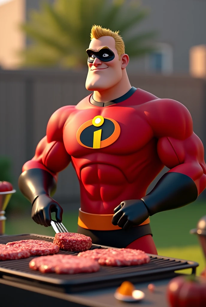 20 year old male chef, dressed as The Incredibles, preparing hamburger meat on the grill 3D character rendering, cartoon character, Character from The Incredibles, character posing, (Pixar-style) (best qualityer) (skin detailed) (detailed texture) (8k) (Argilla) (cinematic lighting) (sharp focus