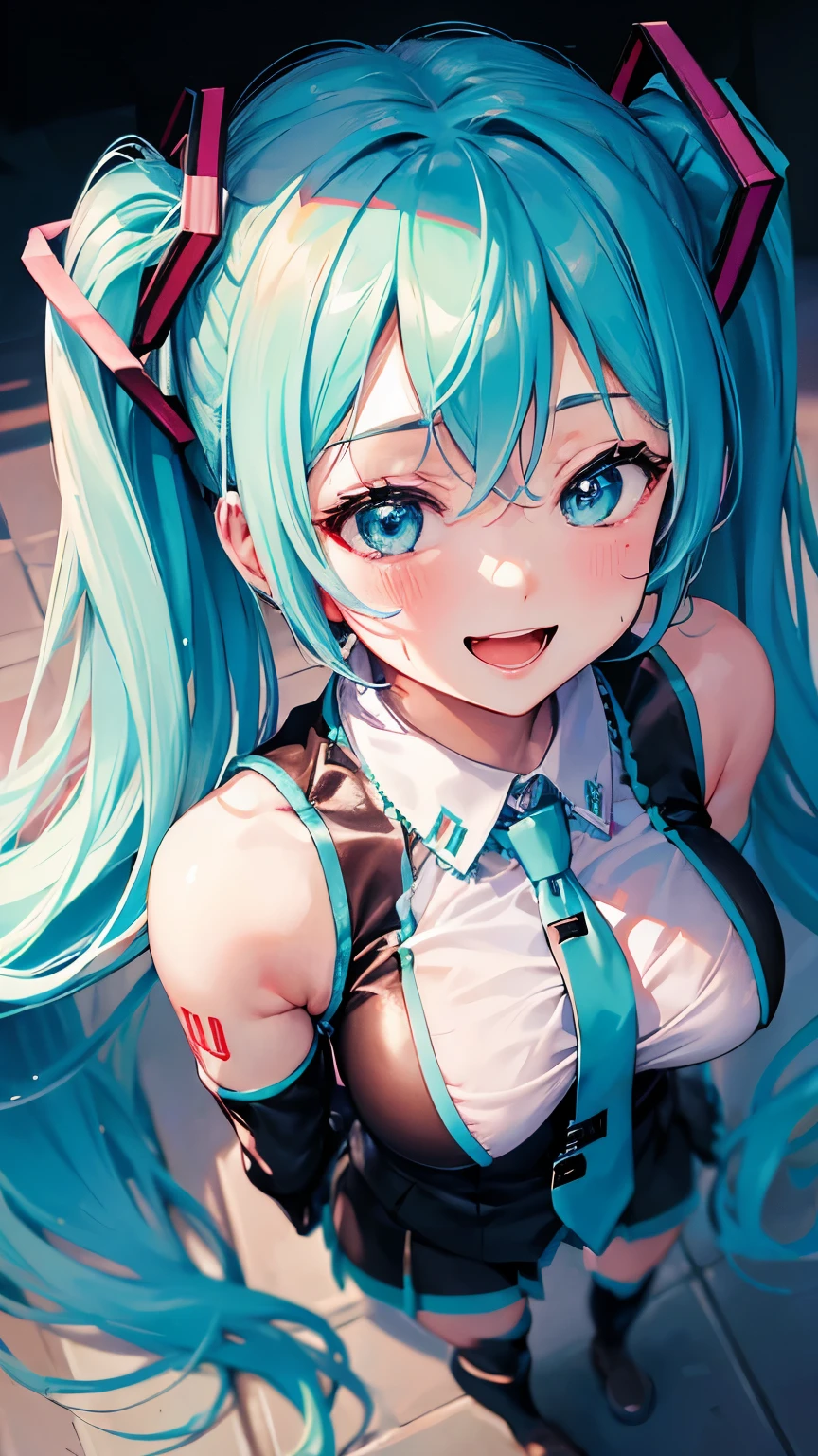 (((anime-style cute face))),(((One Woman、Hatsune Miku))),Highest quality, (Sharp details), (8k, RAW Photos, Highest quality, masterpiece), (extremely detailed 8k wallpaper),Professional Lighting,Sharp focus, Depth of written boundary、Ticker,(((Face close-up)))、(looking at the camera),((((very happy face))))、Very big eyes、anatomically correct body、Big thighs、Light from the front、The face is bright、Late Night Tokyo、Healthy beautiful breasts、Slightly muscular、(Costume(Pink high leg suit)(Naughty Fishnet Stockings)(Police officer's hat)(Black Belt)(Military Boots))、Cleavage、Nipples erect、(Lewd)、Shot from above、lure、Lots of sweat、Accentuate your body lines