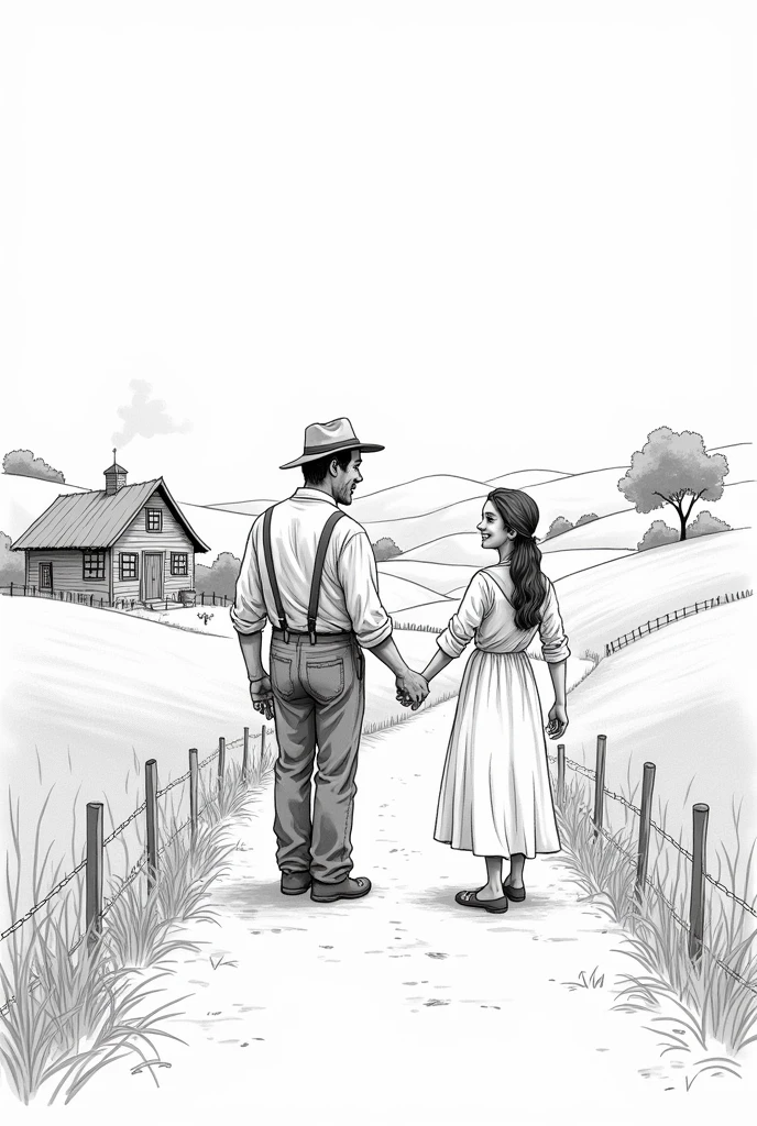 Create a black and white drawing type image ,that doesn&#39;t look realistic , about a farmer man returning home and a woman waiting for him outside his house, Put some scenery and stuff like that and make the woman smile as if she were going to talk and the man with his mouth as if he were going to talk. 