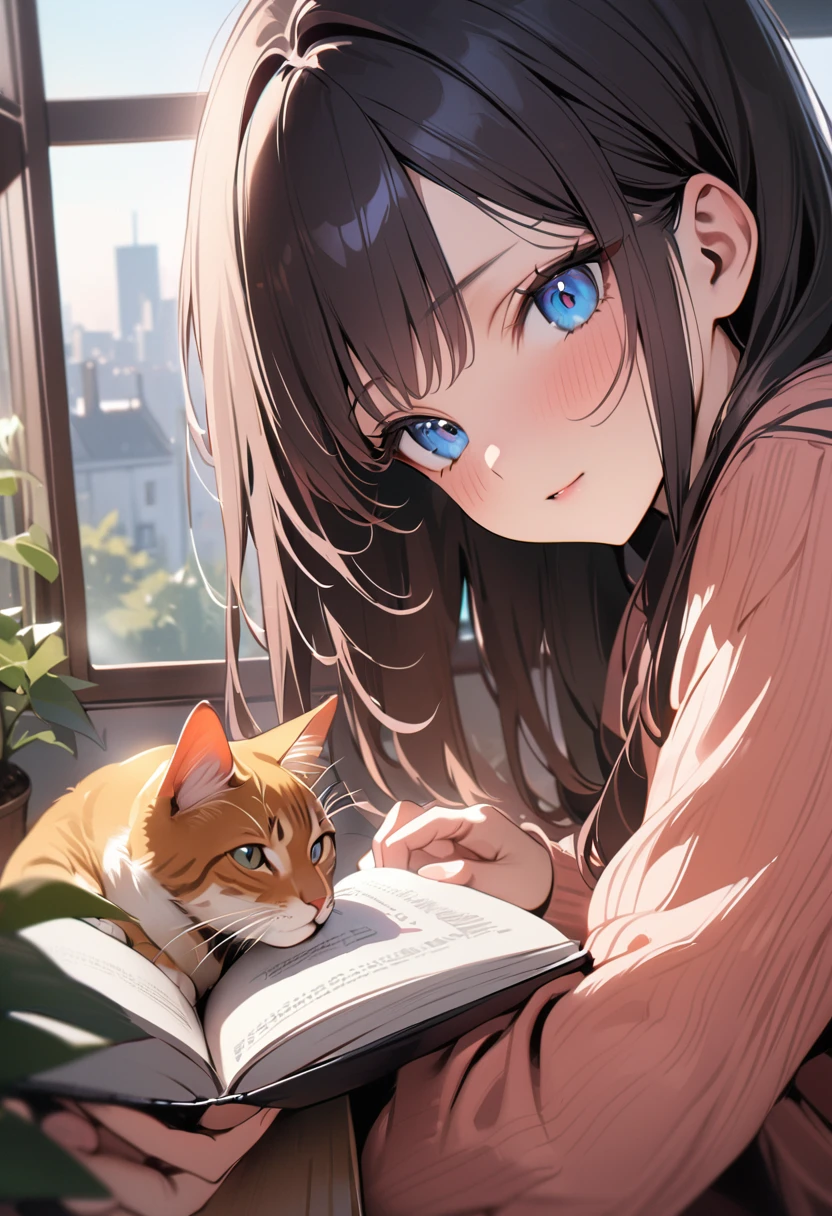 (masterpiece, best quality:1.5), (high resolution 8K), detailed eyes and face, detailed body, 
BREAK (1 girl, long hair, black hair, straight hair, short bangs above brows, blue eyes, small breasts,
BREAK Young girl with a peaceful expression, sitting by a window, reading a book
BREAK Cozy interior, soft natural sunlight streaming through the window
BREAK a Cat curled up nearby, potted plants on windowsill, 1 beautiful cat, 
BREAK Warm color palette, photorealistic style, depth of field, 8k resolution