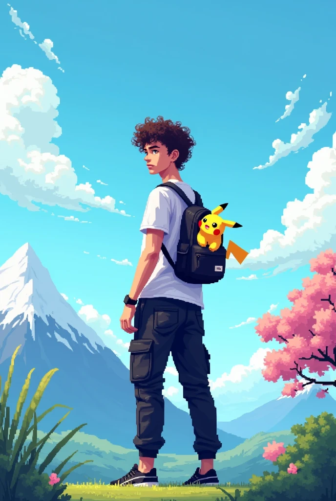 YouTube channel banner,theme pixelated blue sky with clouds,and a guy with curly hair,black cargo pants,white t shirt with a ganger Pokemon backpack.angle is the character in middle photo taken from back side and about 8feet away,more back and a little higher altitude make the angle more back and a Pikachu backpack make it more farr make the character straight and make the image atleast 20 feet away make the backpack a little small and expand the image with a mountain with some snow on top on the left side and a blossom tree at right side make it pixelated and a Pikachu backpack and black Jordan shoes,shoes is solid black make the Pikachu smiling and more cute and he has a skateboard in his left hand,make the skateboard matching to the environment make the image straight and pixelated and a little far back remove skateboard and make backpack a little small and make the image in 16:9 ratio make the character straight and the whole backpack is Pikachu theme make the image pixelated and hair curly and the character straight and about 20 feet away from the backside make the character face straight and the photo is taken from backside make him tall and no skateboard same image just a little back and remove backpack no backpack make it pixelated and remove the Pikachu backpack more back and make the character straight and tall about 20 feet away
Pixelated pixel and the boyis facing front side
No make the boy face front side and the image is taken from 20 feet away backside and a little higher altitude
Don't make him face side ways
A little higher
Not sideways straight just straight