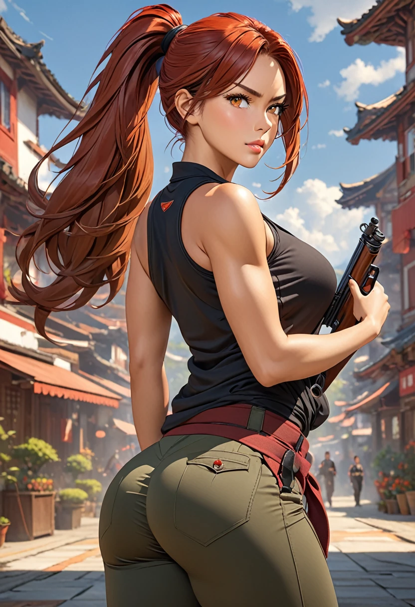 (masterpiece, best quality:1.2), quiet (metal gear), 1girl, pantyhose, torn pantyhose, solo, torn clothes, suspenders, front-tie bikini top, bikini, brown hair, swimsuit, breasts, ponytail, gloves, asymmetrical gloves, cleavage, mismatched gloves, large breasts, single elbow glove, navel, elbow gloves, long hair, lips, highleg, highleg bikini, black bikini, looking at viewer, smile, from behind, hand on own chest, outdoors, field, grass, sunset, clouds