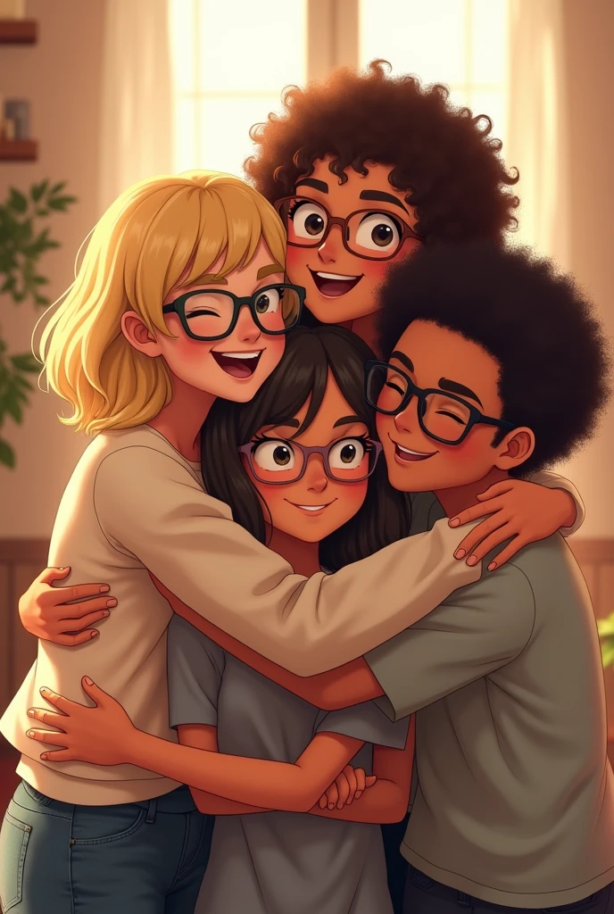 Three friends hugging, one with blonde hair and glasses, another with brown hair and glasses and a curly brunette without glasses 