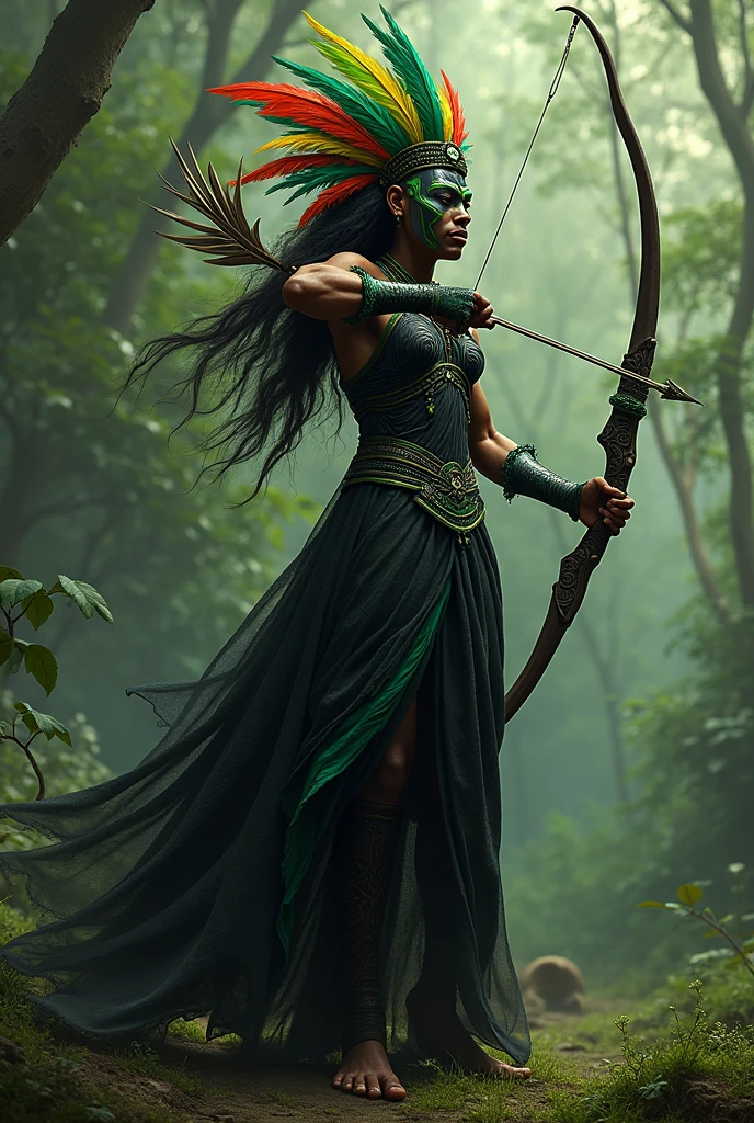 Orixá Oxossi in black but with green clothing details shooting arrows , with colorful feathers on its head 