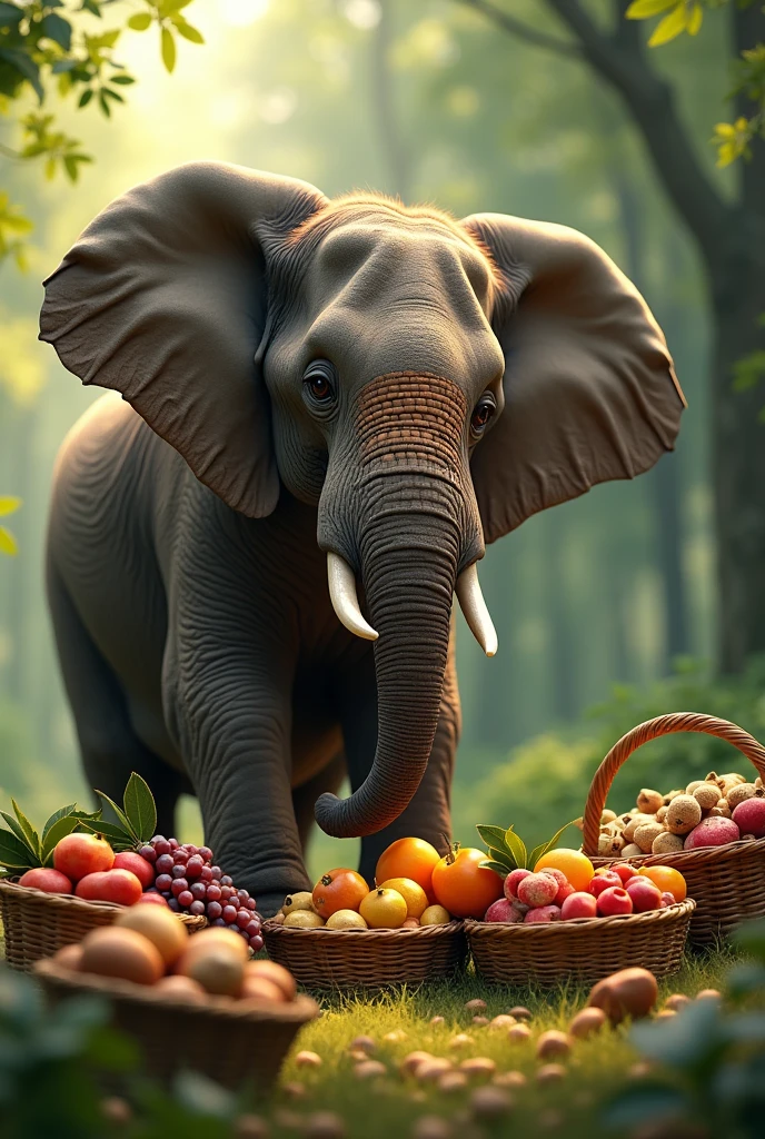 The elephant preparing baskets filled with fruits and nuts.**