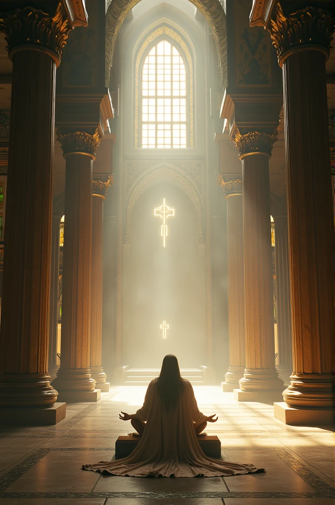Create such a realistic and cinematic video in which God is seated under a temple.