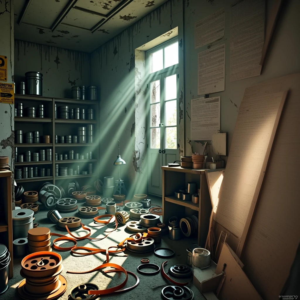 a disorganized room with many different types of wheels and casters, engine unreal. retro film still, realistic cinema 4 d render, post apocalyptic room interior, photorealistic cinematic rendering, beautiful 3 d concept art, James Gurney Cinematic Lighting, cinematic 3d render, 3D stylized scene, cinema 4d cinematic render, post-apocalyptic scenario