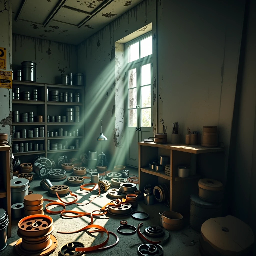 a disorganized room with many different types of wheels and casters, engine unreal. retro film still, realistic cinema 4 d render, post apocalyptic room interior, photorealistic cinematic rendering, beautiful 3 d concept art, James Gurney Cinematic Lighting, cinematic 3d render, 3D stylized scene, cinema 4d cinematic render, post-apocalyptic scenario