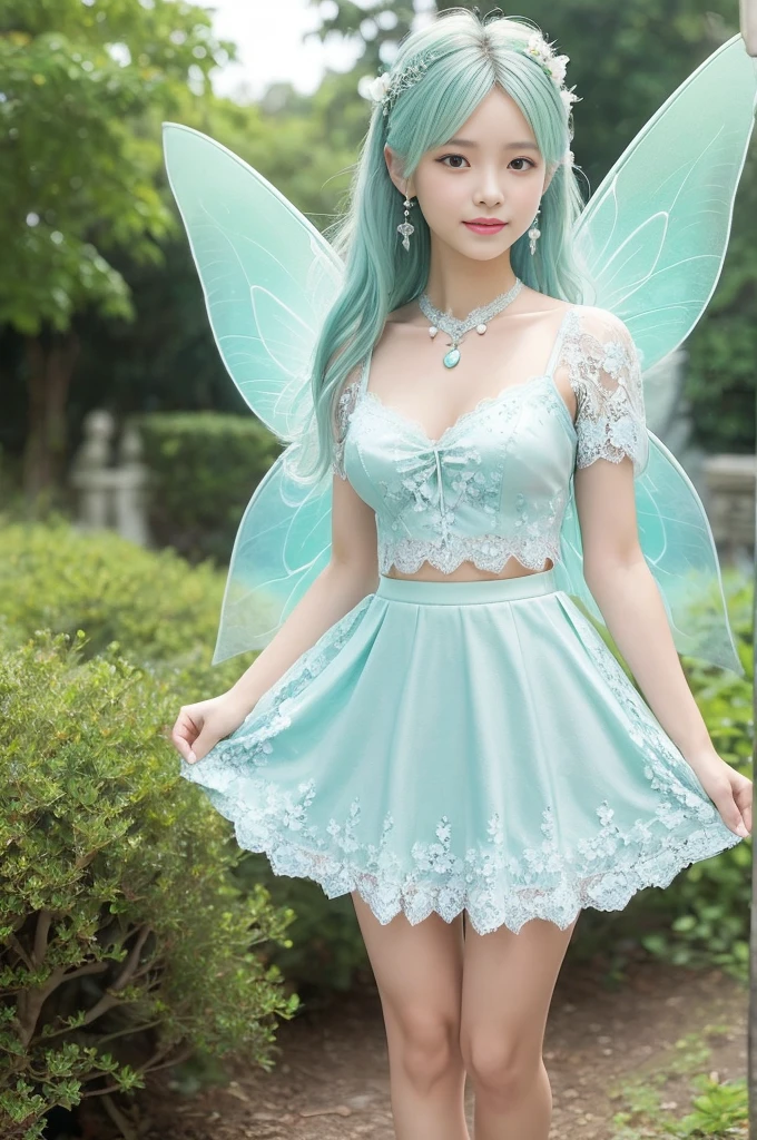 (((masterpiece))), ((photo realistic:1.5)), (full body:1.3), ((one cute young japanese fairy)), (flat chest:1.3), 12 Talents, Fantasy, (broad jawline:1.5), puffy face,no makeup, (light blue mint green and light silver hair:1.1), (Ankle-length hair:1.3), (messy hair:1.3), (15cm tall fairy:1.1), shy smile, (Very light mint green and white:1.2), (Tight-fitting fairy dress with lace:1.2), (fairy mini lace skirt:1.22),Transparent fairy wings, (earrings), necklace, wide view from bottom,perfect anatomy