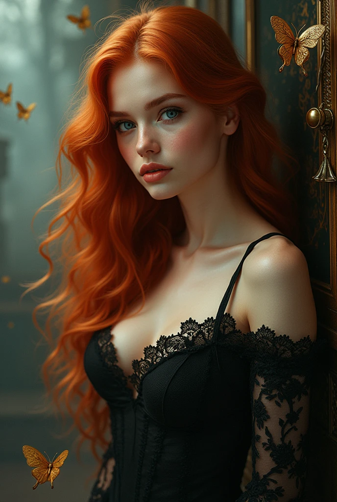 (solo, full body photo:1.3), (action packed:1.3), (haze, fog, mist:1.3), chiaroscuro, best quality, photorealistic, 1woman, (cute), (24yo:1.2), redhead, long ginger hair highly detailed, 1700'S, digital photography, art by artgerm and ruan jia and greg rutkowski surreal painting gold butterfly filigree, broken glass, (masterpiece, sidelighting, finely detailed Fashionable eyes: 1.2) (perfect oval large eyes that gazes at the viewer), beautiful detailed face, blue gorgeous perfect eyes, (blonde hair ponytail), (attractive young woman:1.3), (thick amazing hair), (seductive:1.1), (blushing:1.1)