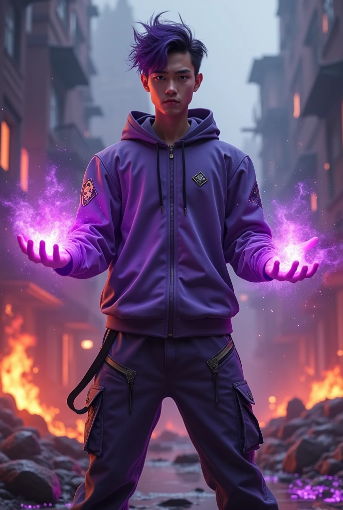 a man real teenage chinese man.(purple glasses) sharp eyes. Anger face. Open mouth. . wearing an (dark purple white )((future shirt cyberpunk hoodie dress urple)) . anger face.wavy hairstyle purple. Dramatic.. stand on lava ,(dark purple)street wear .cargo pant,, detailed face, cinematic lighting, dramatic atmosphere,.hot day. vibrant colors, 8k, high quality, photorealistic. Hero suit.shadow power dark power from his hand. Glowing magic element shadow elment from hand, ember everywhere . Glowing dark purple, shadow logo design on pant . Very strong. Future design dress. Very epic. Very hot background.. dark sky. Very strong . fire very strong . Flying burn dry leave everywhere..Shadow Imitation sharp shape power from hand .rasengan . at volcano Damage building. Floating small rock everywhere. Shadow Imitation Technique.(( shadow eagle background red eyes))