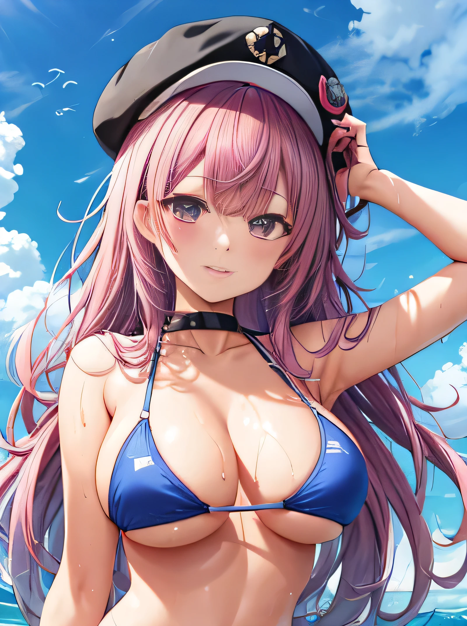 large boob, bikini, wet, wet shirt, cute face, summer, long hair, no hat, pink hair, girl, sweaty, 1, blue ocean