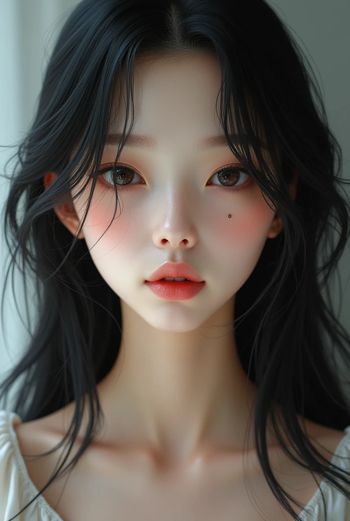 1 Asian girl, Youngh, 17year old, skin fair with snow, blackquality hair, long and silky, with slanted eyes, striking look, fox eyes, long, curved eyelashes, small, rounded nose, mole on the corner of the nose near the eye, mole on cheek, drawn mouth, big and pink, mole on the chin near the mouth, light pints, extravagant beauty, unique beauty, Extreme realism, imagem realisitic, human person, realisitic