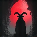 Create a flyer for an event Size: 8,5 x 11 inches Resolution: 1080p Elements: Dark cave with satanic pentagrams in the corners, little red moon, Satanic Goat Colors: black and red
