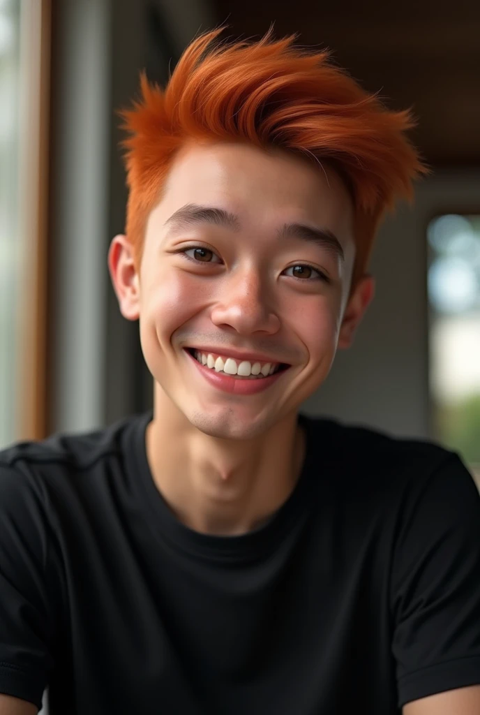 Young, red-haired man with short hair and hazel eyes. Friendly smile, white complexion and usually dresses in black.