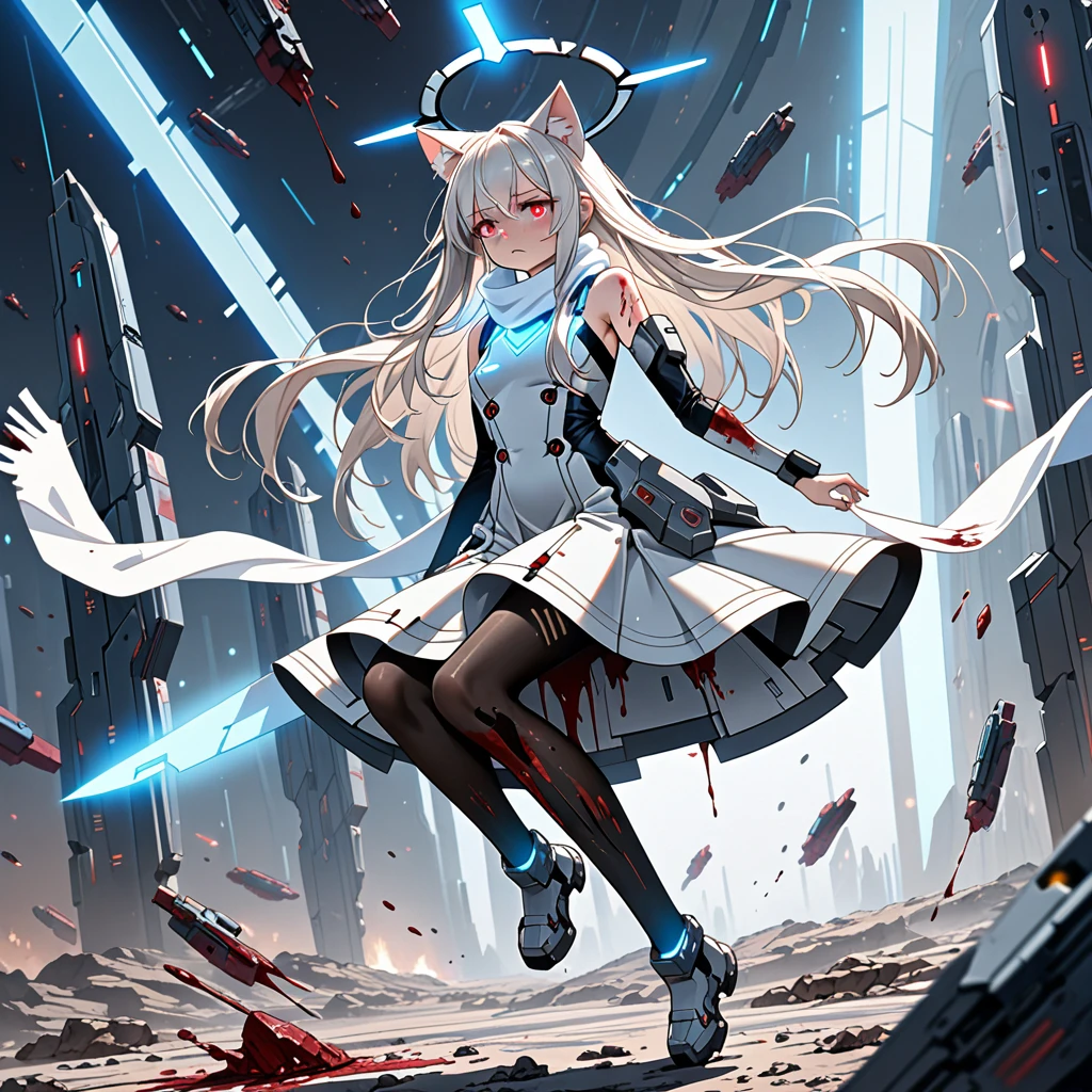 masterpiece, highest quality, highest resolution, clear_image, detailed details, white hair, long hair, 1 girl, cat ears, red eyes, futuristic halo, sci-fi dress, white scarf (around the neck withn a light blue glow), white pantyhose, full body, no water marks, active battle filed, wounded and bleeding