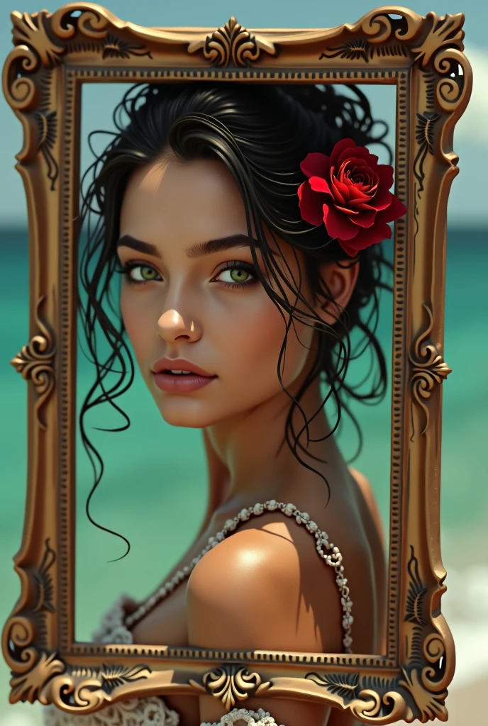 Take me a hyper realistic photo in 16:9 and 4k format of a young Andalusian woman with a red carnation in her hair inside a "hand-carved frame decorated with sheets of darkened gold paper" on the shore of a crystal-clear green sea that is close to me and staring me straight in the eyes with her dark green eyes.