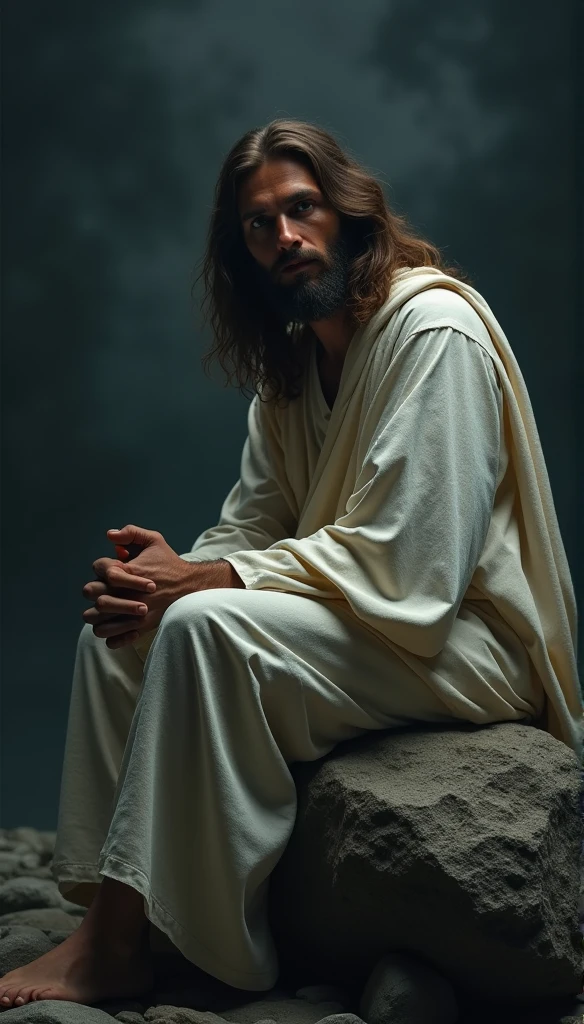 Jesus sitting on a big rock, full body close-up, looking straight ahead, dark background, weird atmosphere